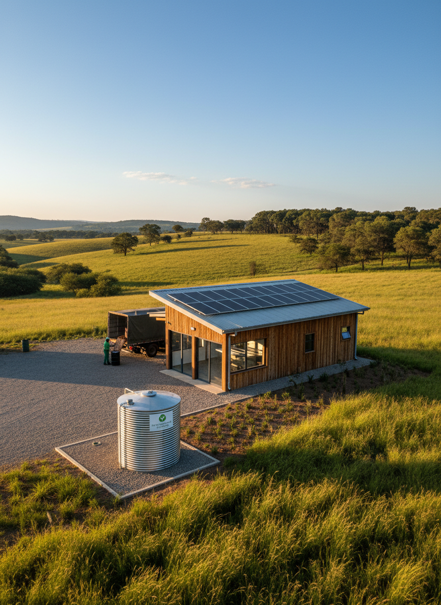 A serene rural landscape on the outskirts of a South African town, with a small, energy-efficient food service building in the midground and a discreet used cooking oil collection tank positioned beside a loading area. Rolling green hills and a distant line of trees frame the horizon under a clear blue sky. Warm late afternoon sunlight bathes the scene, casting long, gentle shadows and a golden glow over the grass and building façade. Photographic realism with a wide-angle composition and deep focus captures both the facility and surrounding nature, conveying sustainability, regional presence, and the environmental benefits of responsible oil recycling.