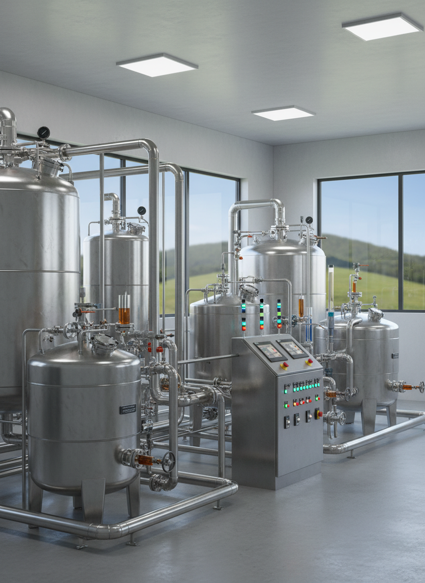 An interior view of a modern oil recycling facility processing used cooking oil, featuring gleaming stainless steel tanks, interconnected pipes, and a control panel with indicator lights, all impeccably clean and well-maintained. Large windows reveal a soft-focus view of a green landscape outside, suggesting environmental responsibility. Bright, even industrial lighting illuminates the equipment, producing crisp highlights and defined but gentle shadows. The image is captured in photographic realism from a wide, slightly elevated angle, showing depth and scale. The mood is technical yet reassuring, emphasizing precision, cleanliness, and the advanced technology behind commercial oil recycling services.