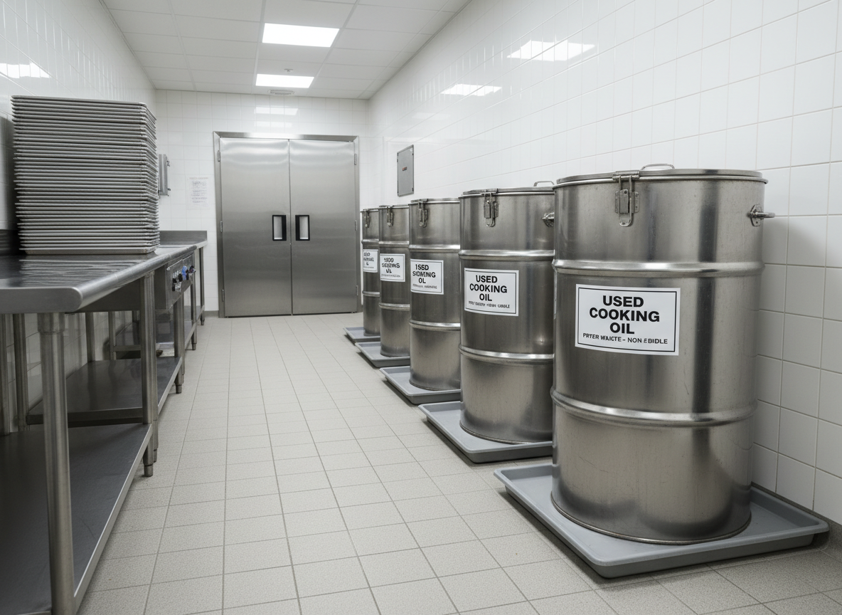 A row of clean, clearly labeled used cooking oil storage drums in a tidy service corridor of a commercial kitchen, each drum featuring secure lids, reinforced seams, and spill trays beneath. Stainless steel prep tables, stacked baking trays, and a glimpse of a walk-in cooler door complete the environment, all impeccably organized. Cool, even overhead lighting casts soft reflections on the drum surfaces and faint shadows along the tiled floor. Captured in photographic realism with a slightly elevated angle and strong leading lines, the composition draws the eye down the row of containers, evoking a sense of order, safety, and compliance in professional oil recycling practices.