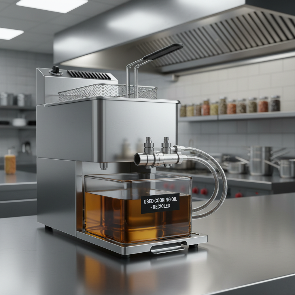 A spotless stainless steel commercial deep fryer with a transparent, clearly labeled container collecting golden used cooking oil below, hoses and valves neatly attached to a secure connector. The unit sits in a modern restaurant kitchen with gleaming metal counters, organized spice racks, and industrial ventilation in the softly blurred background. Cool, diffused overhead lighting reflects off the metal surfaces, creating a clean, professional sheen. Photographic realism at eye level emphasizes clarity and order, with sharp focus on the oil collection system and a gentle falloff toward the background. The mood is efficient, trustworthy, and highly professional, communicating a streamlined oil recycling process for commercial food businesses.