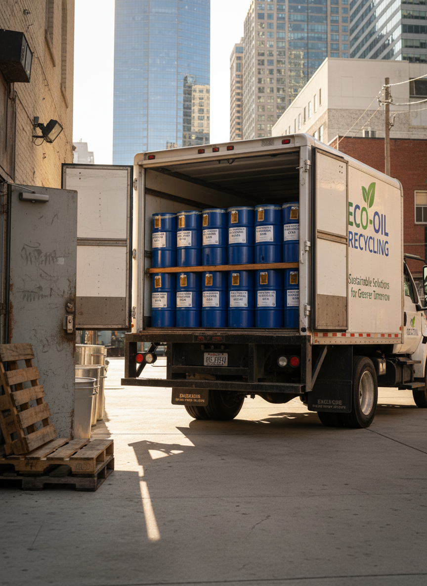 A branded used cooking oil collection truck parked neatly in an alley behind a busy urban restaurant, its rear doors open to reveal secure, sealed drums filled with filtered golden-brown oil. The setting includes the restaurant’s metal back door, stacked pallets, and subtle city skyscrapers in the distance, hinting at a U.S. downtown environment. Late afternoon natural light creates soft highlights along the white truck body and drums, with gentle shadows extending across the concrete. Photographic realism with a three-quarter angle view, balanced composition, and sharp focus throughout conveys reliability, scale, and professional logistics in oil recycling services.
