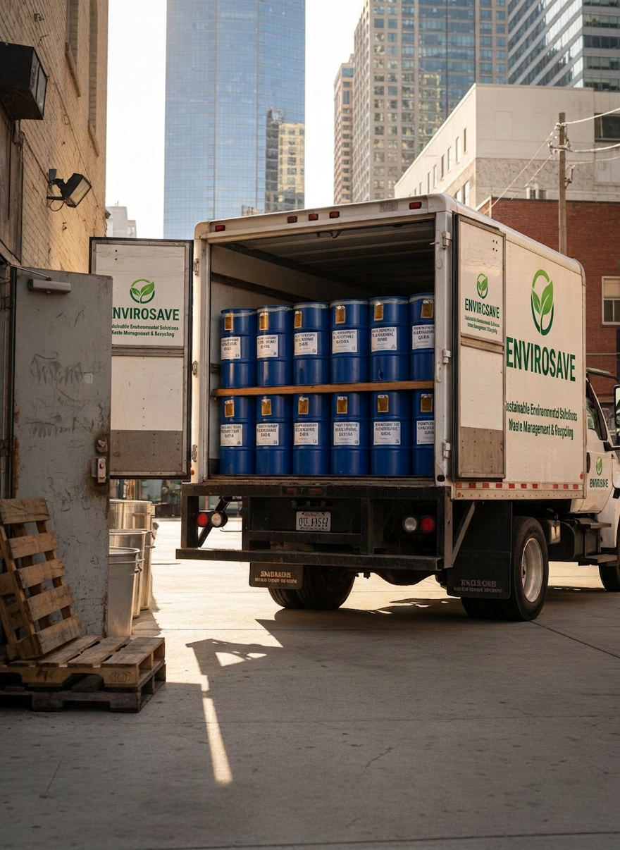 A branded used cooking oil collection truck parked neatly in an alley behind a busy urban restaurant, its rear doors open to reveal secure, sealed drums filled with filtered golden-brown oil. The setting includes the restaurant’s metal back door, stacked pallets, and subtle city skyscrapers in the distance, hinting at a U.S. downtown environment. Late afternoon natural light creates soft highlights along the white truck body and drums, with gentle shadows extending across the concrete. Photographic realism with a three-quarter angle view, balanced composition, and sharp focus throughout conveys reliability, scale, and professional logistics in oil recycling services.