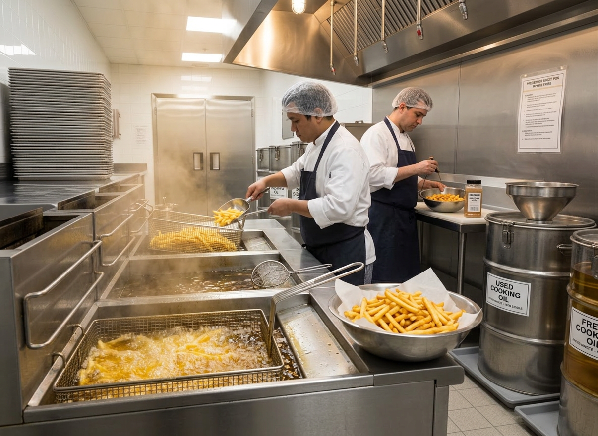 Two chefs cooking French fries using commercial fryers and seasoning them