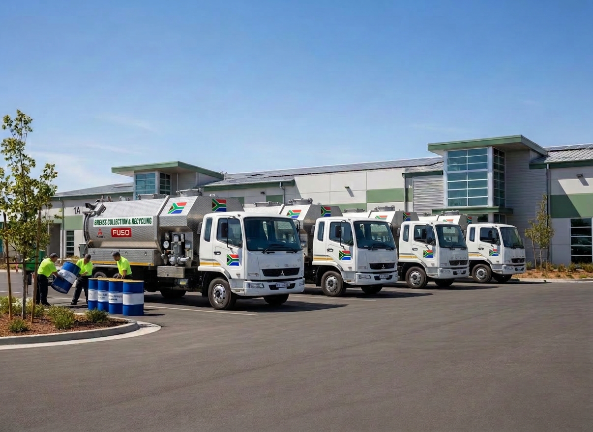 A professional fleet of white and green Envirosave-branded collection trucks lined up outside a commercial facility on a sunny day. The trucks have green Envirosave logos on the sides. Used cooking oil drums are visible nearby being collected. Wide landscape shot, multiple trucks in a row, clean modern professional look, outdoor daylight, sustainability and reliability theme.
