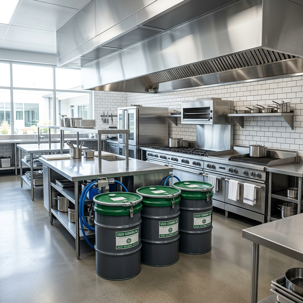Envirosave fleet trucks hero Three green-lidded barrels labeled used cooking oil in a commercial kitchen